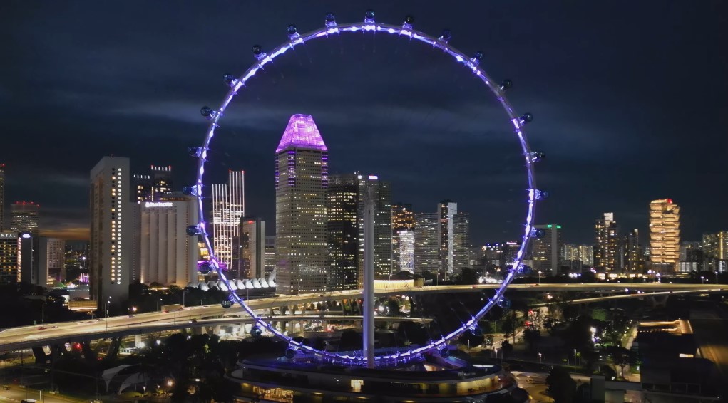 The Singapore Flyer, a vibrant purple halo, dominates the night skyline