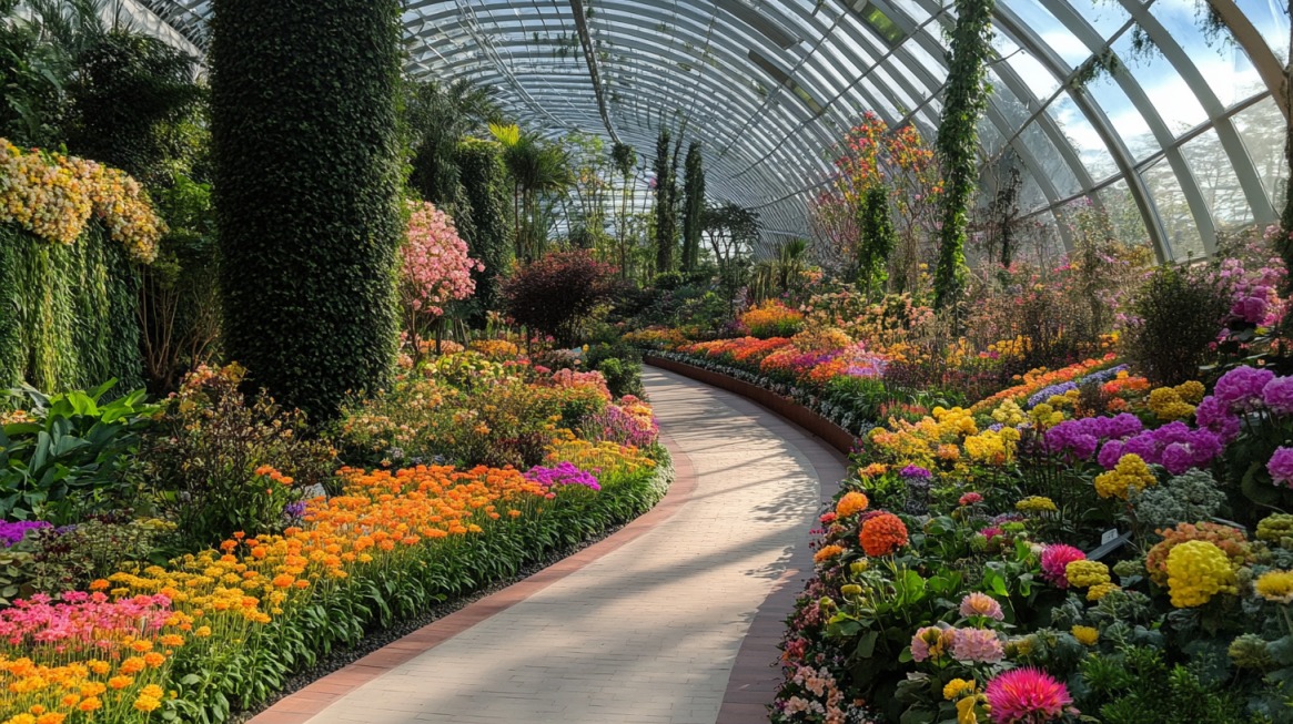 The interior of Singapore’s Flower Dome conservatory is filled with springtime flowers. Clusters of pink cherry blossoms and rows of brightly colored tulips are in full bloom as visitors wander along the paths under the sunlight filtering through the dome’s glass ceiling.