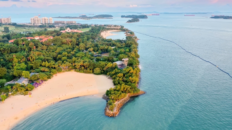 Aerial View of A Lush Green Island in Singapore with Sandy Beaches