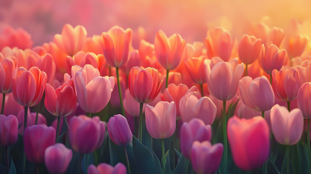 A vibrant field of tulips in various shades of pink and coral glowing in soft, golden sunlight, representing a scene from Tulipmania 2025 at Gardens by the Bay
