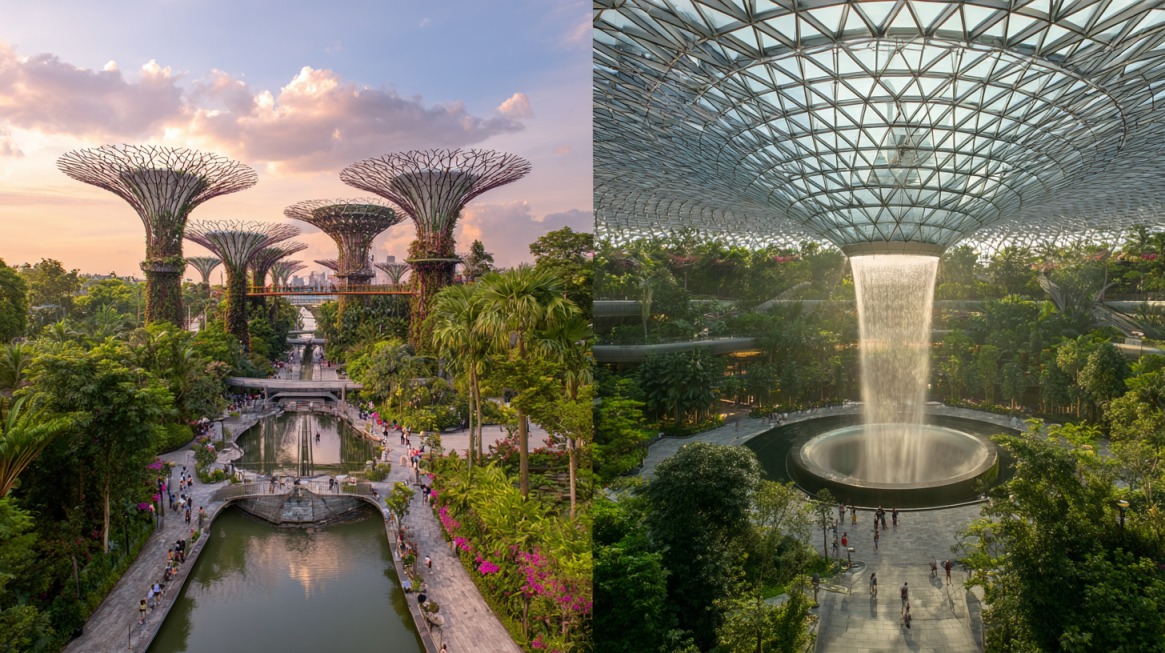 Side-by-side comparison of Gardens by the Bay’s Supertrees at sunset and Jewel Changi’s indoor waterfall under a glass dome, both surrounded by lush greenery