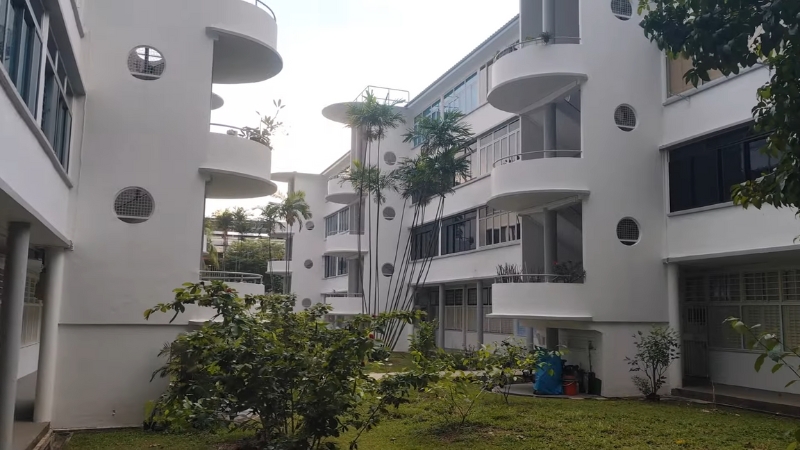 Art Deco-style apartments with curved balconies and greenery in Tiong Bahru