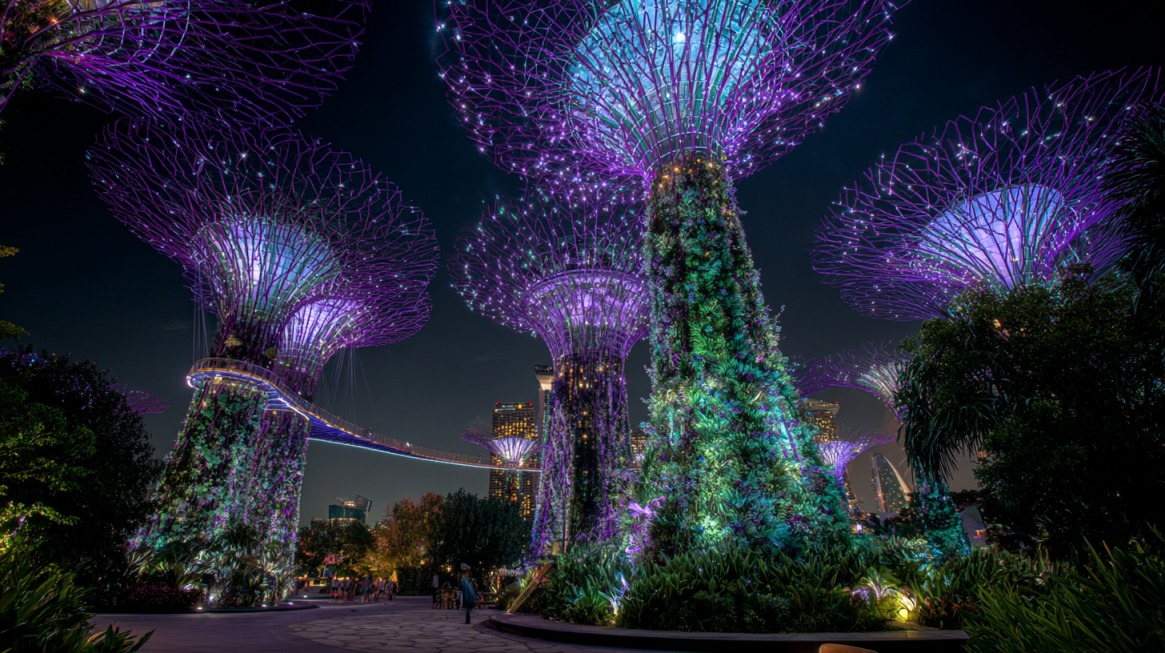 Illuminated Supertree Grove at Gardens by the Bay, Singapore, glowing purple at night