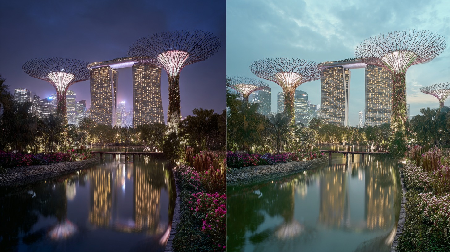 Gardens by the Bay in Singapore, day vs night view with Marina Bay Sands in the background