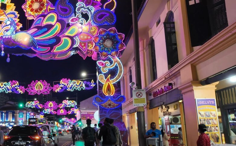 Vibrant neon lights illuminate a streetscape, featuring peacock and lotus motifs