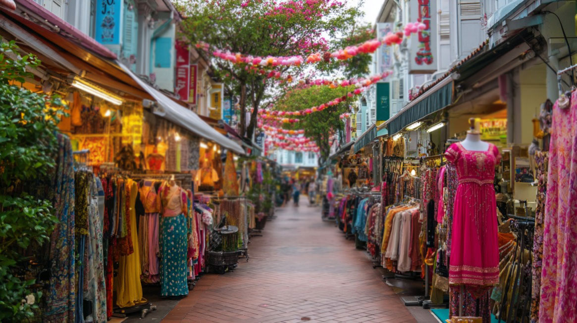 Colorful street market in Bugis, Singapore, with stalls selling clothes, fabrics, and accessories under festive hanging decorations