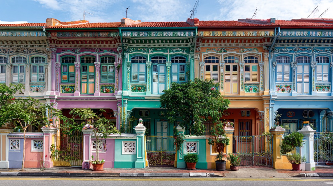Colorful Peranakan shophouses in Katong & Joo Chiat, Singapore, featuring ornate facades in shades of pink, green, yellow, and blue with detailed floral tiles and wooden shutters