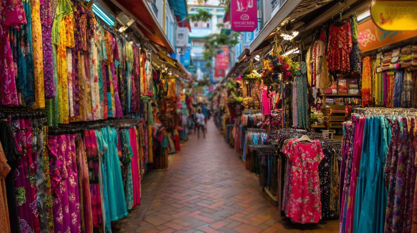 Colorful traditional dresses and fabrics displayed in Bugis Street market, showcasing vibrant cultural shopping beyond fashion