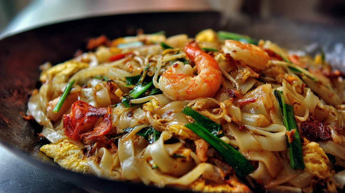 Close-up of a plate of stir-fried noodles with shrimp, vegetables, and egg, served hot