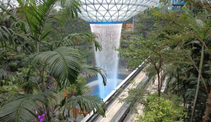 Huge waterfall inside a Changi airport