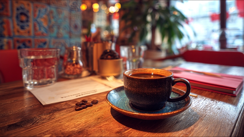 A cup of kopi sits on a wooden table in a cozy Singapore café