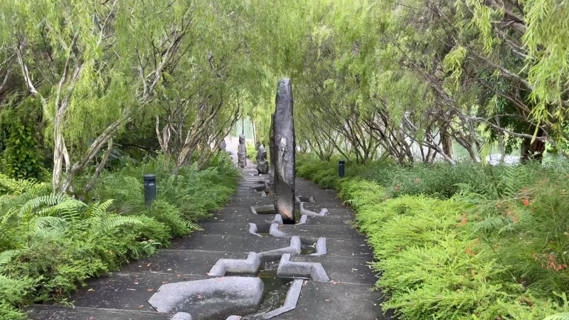 A shaded stone pathway surrounded by lush greenery in the Chinese Garden