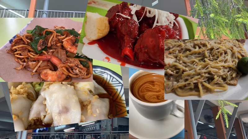 A collage of popular Singapore dishes featuring noodles, desserts, dim sum, and coffee from both districts