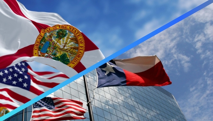 Florida, Texas, and US flags separated by a diagonal blue line, illustrating state-level foreign property ownership restrictions.